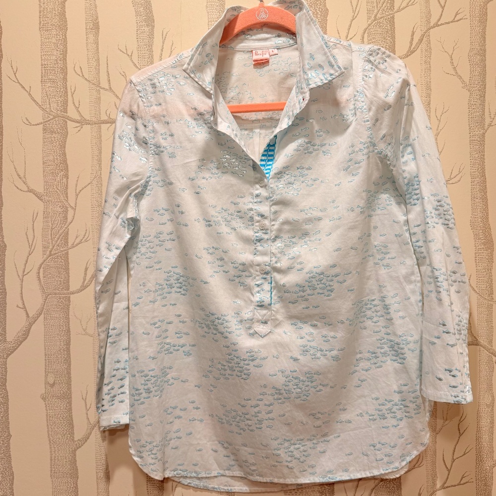 NWOT Persifor Plenty of Fish Popover White Blouse- Size Large